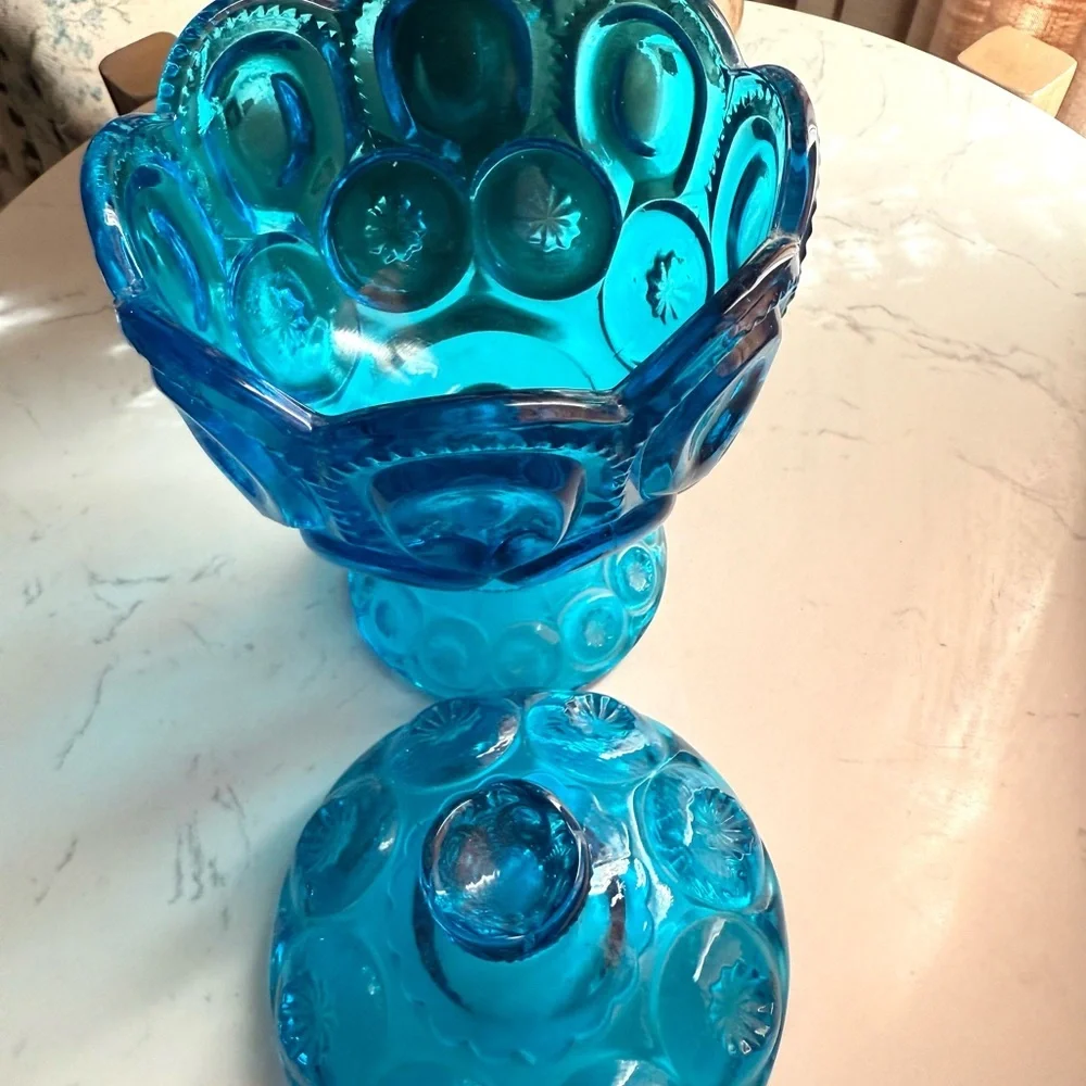 Vintage LE Smith Moon & Stars Blue Glass Candy Dish Compote with Lid - Picture 6 of 7